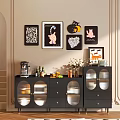 Modern Black Sideboard With Glass Doors Drawers Decorative Wall Art And Stylish Top Items