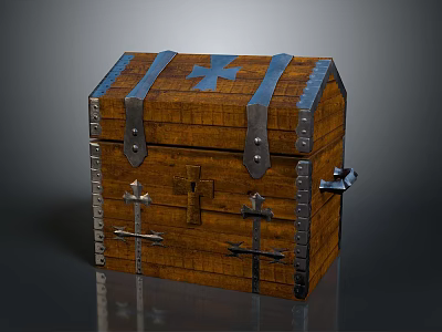 Vintage Wooden Chest Design With Metal Straps Cross Symbols And Latches 3d model