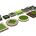 Various Shaped Tree Planters With Wooden Borders Stone Materials And Green Grass 3d model