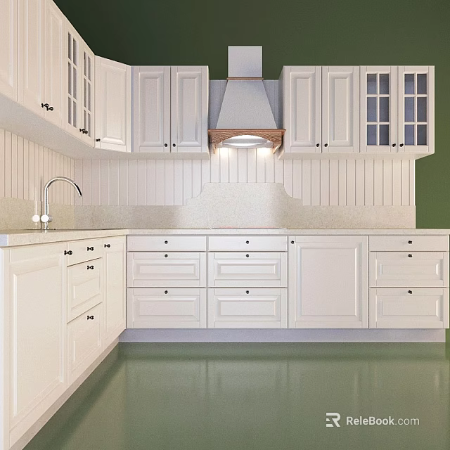 White Kitchen Cabinets With Upper Lower Storage And Countertop Sink Range Hood 3d model