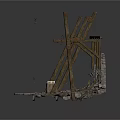 Ancient Wooden Machinery Structure Featuring Arch Frame Stone Base And Tools 3d model