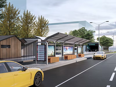 Modern Urban Bus Station With Shelter Seats Trees And Parked Cars In Area 3d model