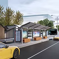 Modern Urban Bus Station With Shelter Seats Trees And Parked Cars In Area