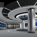 Modern Exhibition Hall With Circular Ceiling Lighting Large Tech Screens Silver Pillars And Meeting Area