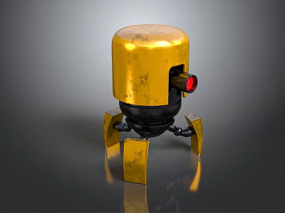 Small Golden Robot 3D Model With Dome Red Light And Yellow Legs 3d model