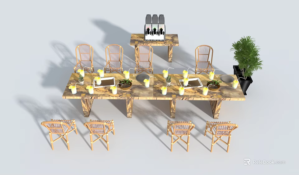 Natural Style Wooden Outdoor Table With Rattan Chairs And Small Plants On Top 3d model 