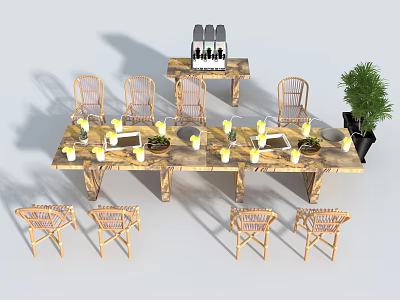Natural Style Wooden Outdoor Table With Rattan Chairs And Small Plants On Top 3d model