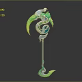 Woman Holding Blue Green Decorative Staff With Spiral Flame And Hook Design