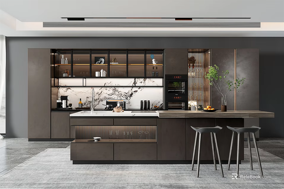 Modern Kitchen Interior With Dark Cabinets Island Bar Stools And Glass Door Cabinets 3d model 