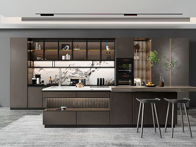 Modern Kitchen Interior With Dark Cabinets Island Bar Stools And Glass Door Cabinets 3d model