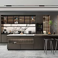 Modern Kitchen Interior With Dark Cabinets Island Bar Stools And Glass Door Cabinets