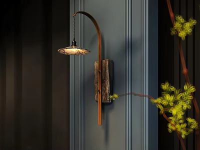Elegant Wall Lamp with Wooden Base Mounted on Blue Wall and Green Plant Branches 3d model