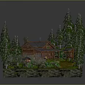 Cozy Log Cabin Surrounded by Tall Pine Trees and Green Grass With Stone Wall