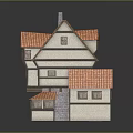 Cartoon Style Two Story House With Red Tiled Roof Arched Doorway And Stone Walls