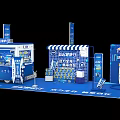 Blue Themed Exhibition Booths With Product Displays And Brand Logos Design