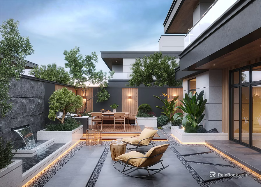 Modern Courtyard Garden Design With Waterfall Outdoor Seating Stone Pathway And Lush Plants 3d model 