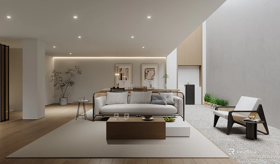 Modern Minimalist Basement Living Room With Sofa Coffee Table And Plants 3d model 