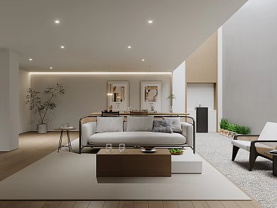 Modern Minimalist Basement Living Room With Sofa Coffee Table And Plants 3d model