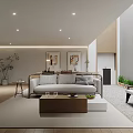 Modern Minimalist Basement Living Room With Sofa Coffee Table And Plants