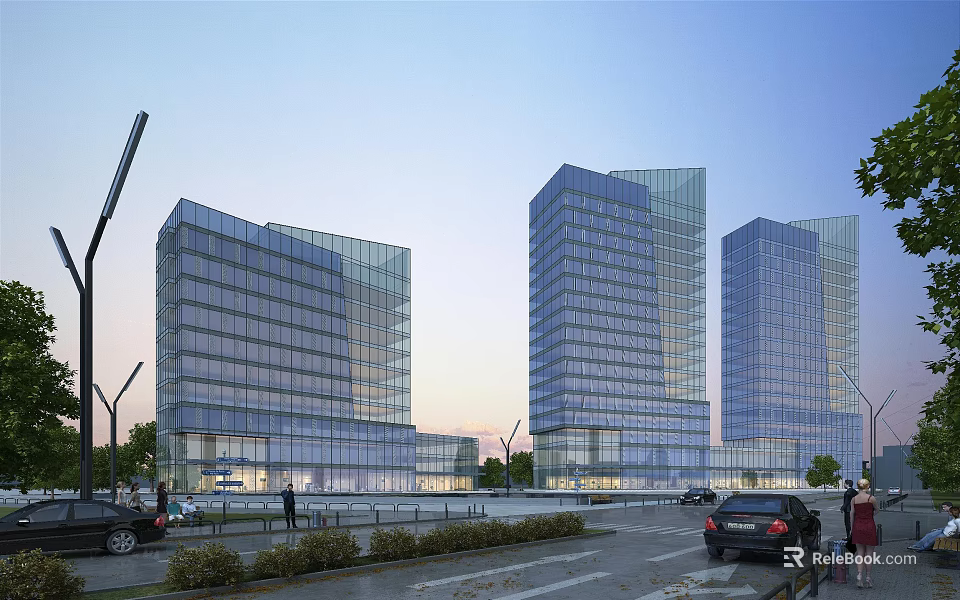 Modern Glass Facade Office Towers In Urban Area With Evening Light And Street View 3d model 