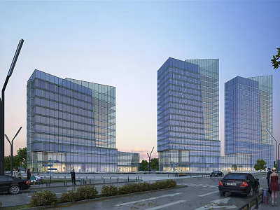 Modern Glass Facade Office Towers In Urban Area With Evening Light And Street View 3d model