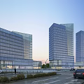 Modern Glass Facade Office Towers In Urban Area With Evening Light And Street View