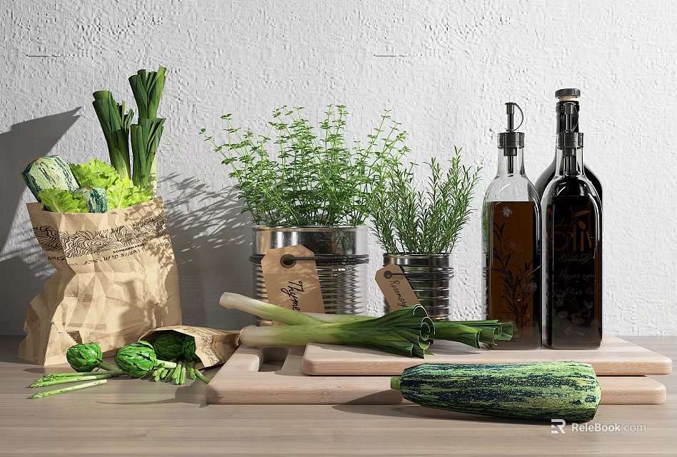 Essential Kitchen Tools With Fresh Vegetables Herbs Metal Tins And Olive Oil Bottles 3d model 