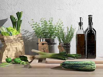 Essential Kitchen Tools With Fresh Vegetables Herbs Metal Tins And Olive Oil Bottles 3d model