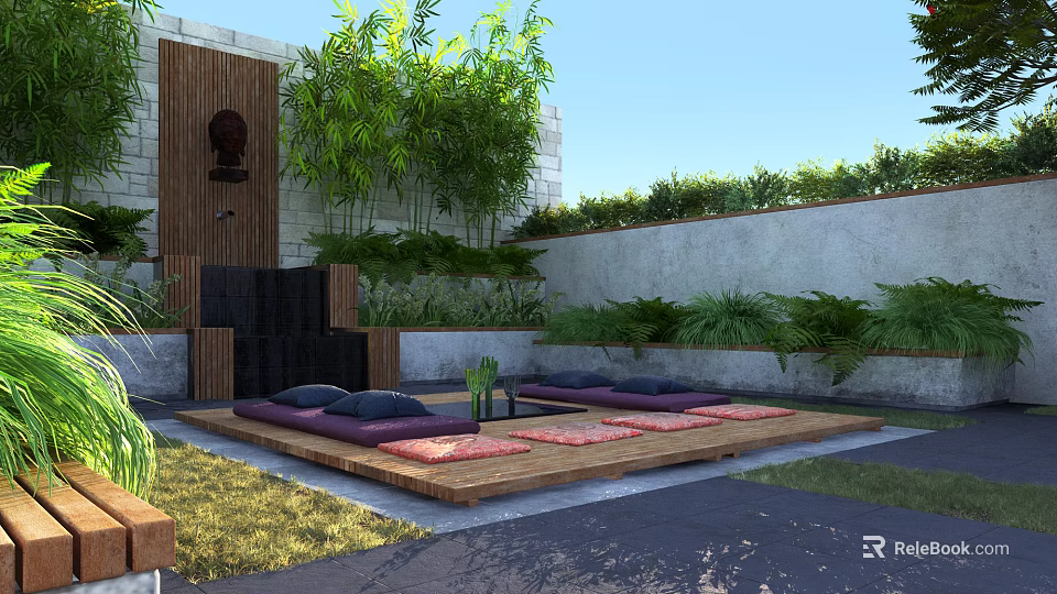 Modern Courtyard Garden with Wooden Platform Purple Cushions Green Plants Stone Wall and Water Feature 3d model 