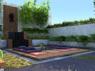 Modern Courtyard Garden with Wooden Platform Purple Cushions Green Plants Stone Wall and Water Feature 3d model