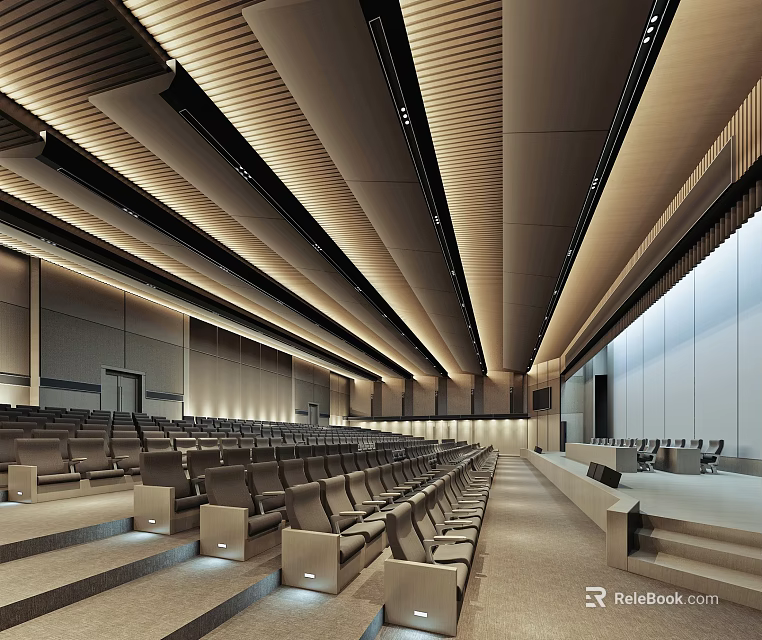 Modern Large Conference Room Interior With Stepped Seating Long Table Wooden Ceiling And Lighting 3d model 