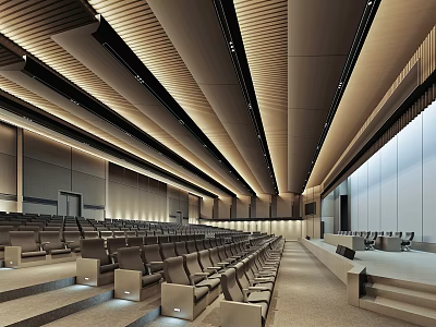 Modern Large Conference Room Interior With Stepped Seating Long Table Wooden Ceiling And Lighting 3d model
