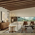 Modern Living Room Interior With White Sofa Wooden Ceiling Geometric Rug And Mountain View Through Large Windows