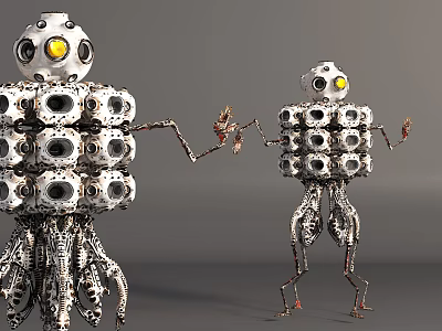 Game Movie Sci Fi Robot Characters with Mechanical Bodies Multiple Circular Holes Yellow Eyes 3d model