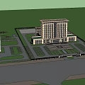 Modern Office Building With Glass Curtain Wall Greenery Parking Area And Pedestrians