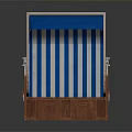 Blue And White Striped Beach Chair With Wooden Frame And Blue Canopy