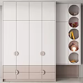 Modern Minimalist Wardrobe With White Light Gray Panels Circular Open Shelves And Drawers