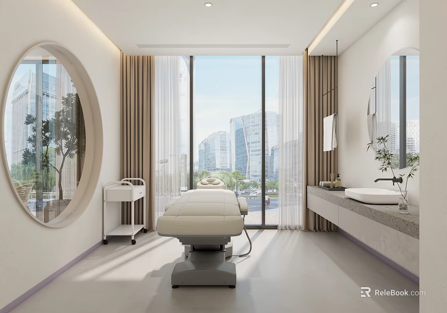 Modern Minimalist Beauty Salon Interior With White Decor Large Windows Beauty Bed Mirror And Washbasin 3d model 