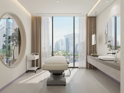 Modern Minimalist Beauty Salon Interior With White Decor Large Windows Beauty Bed Mirror And Washbasin 3d model