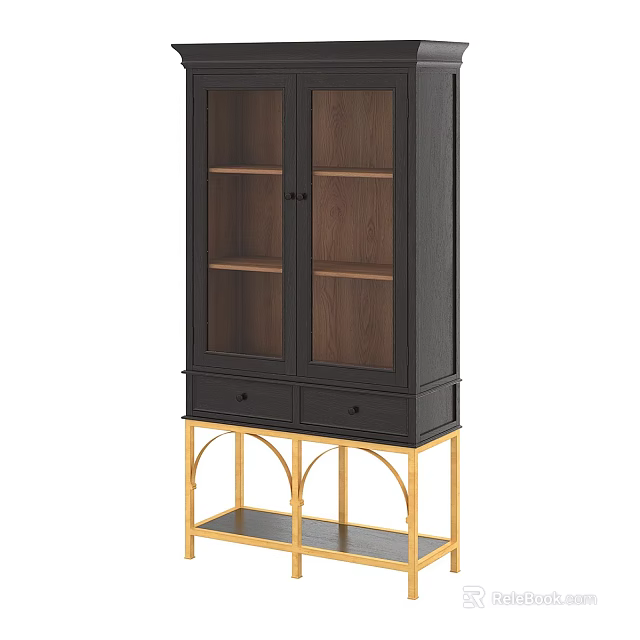 Stylish Modern Bookcase With Glass Doors Wooden Shelves And Golden Metal Legs 3d model 
