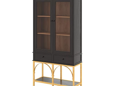 Stylish Modern Bookcase With Glass Doors Wooden Shelves And Golden Metal Legs 3d model