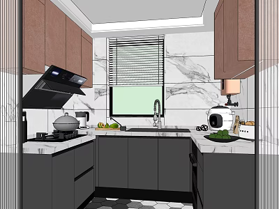 Modern Kitchen Interior Design With Brown Black Cabinets Marble Countertop And Appliances 3d model