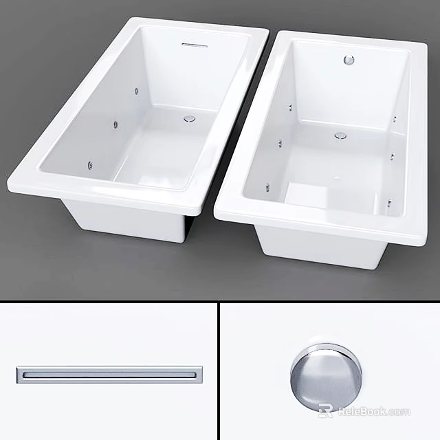 Modern White Rectangular Bathtubs with Smooth Edges and Chrome Drain Design 3d model 