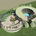Circular Homestay Building Surrounded by Green Lawn and Trees With Central Courtyard and Water Feature