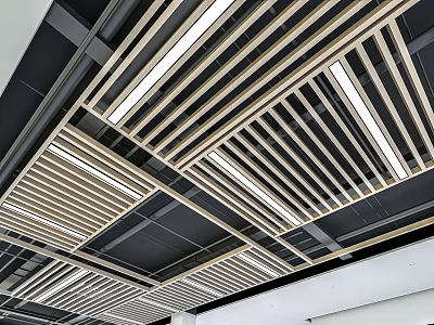Modern Ceiling Design With Wooden Slat Grille And Recessed LED Lighting 3d model