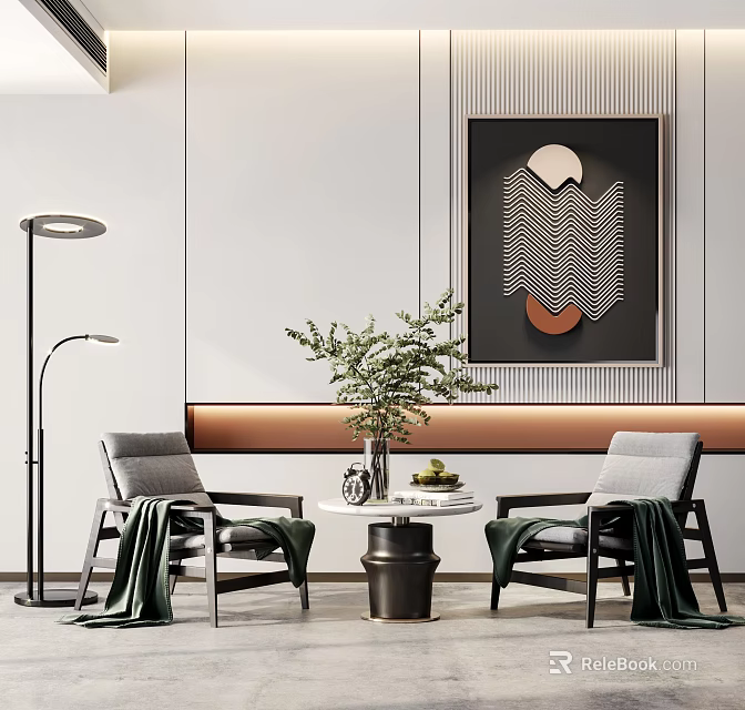 Modern Table And Chair Set With Green Plants Floor Lamp And Geometric Wall Art 3d model 