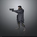 Cyberpunk Character Standing With Extended Arm Holding Futuristic Gun In Tactical Coat