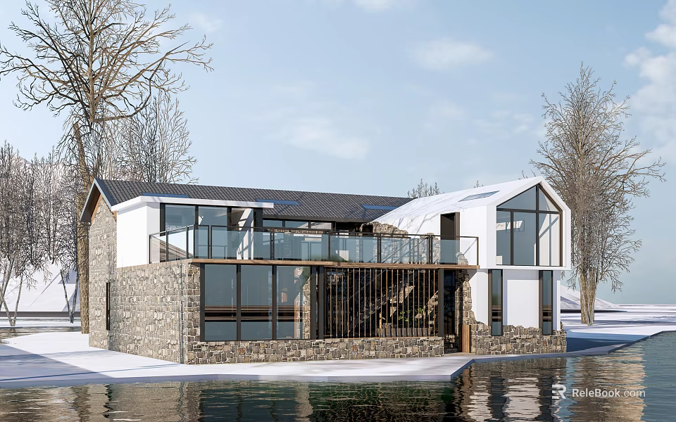 Modern Rural Self Built House with Large Glass Windows Stone Walls Balcony and Waterfront View 3d model 