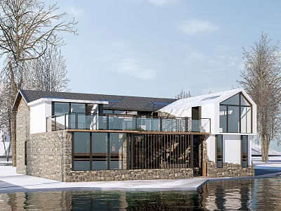 Modern Rural Self Built House with Large Glass Windows Stone Walls Balcony and Waterfront View 3d model
