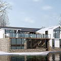Modern Rural Self Built House with Large Glass Windows Stone Walls Balcony and Waterfront View
